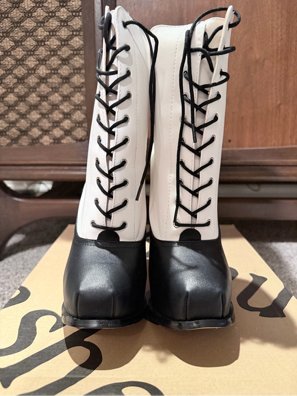Two-Tone Black and White Lace-Up Heeled Ankle Boots